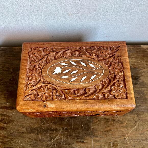 Vintage Carved Mango Wood Decorative Box with Inlay | Rustic Accent Decor - Picture 2 of 7